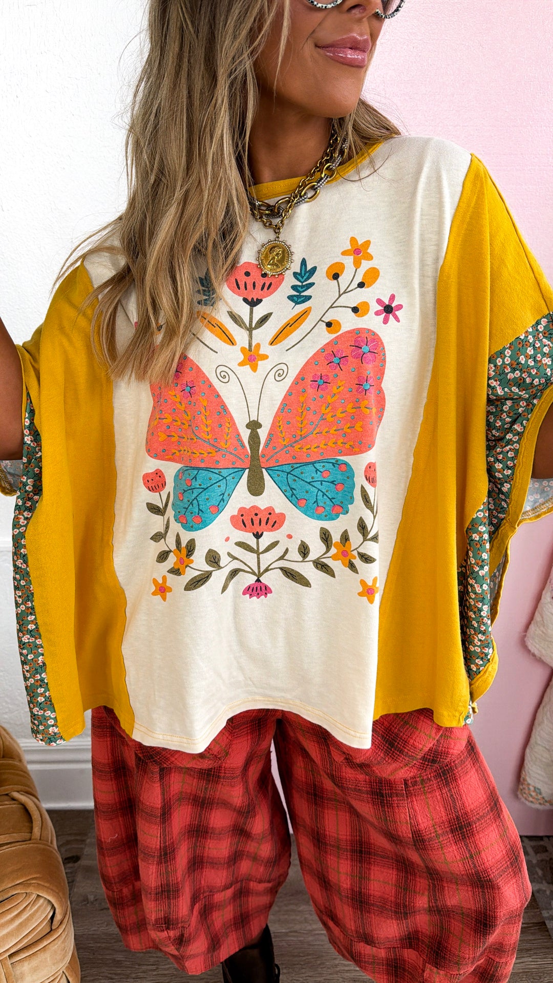 Butterfly Printed Top, Mustard Mix