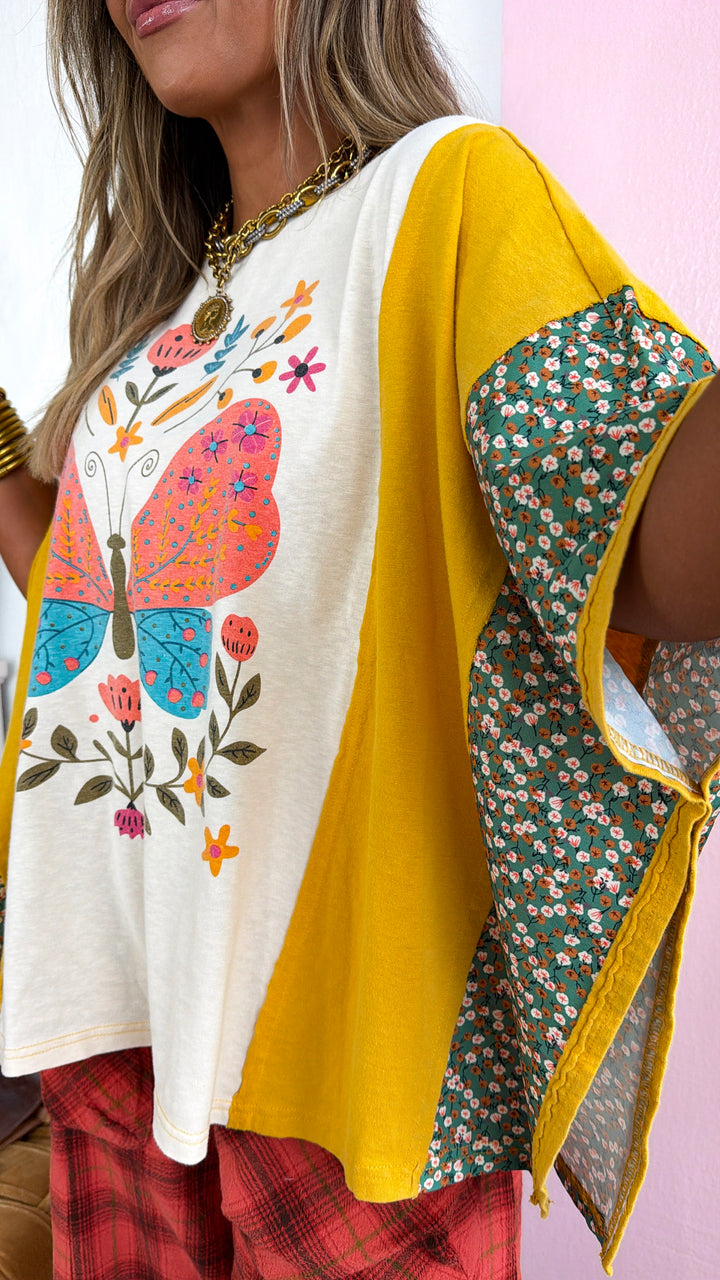 Butterfly Printed Top, Mustard Mix