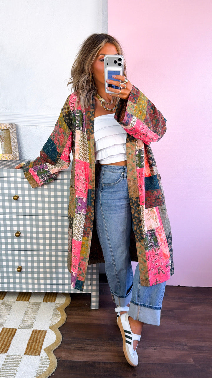 Laguna Mist Patchwork Duster Cardigan, Taupe/Pink/Multi