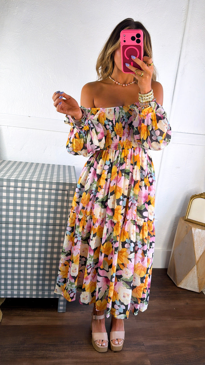 Havana Bloom Smocked Dress, Black Multi