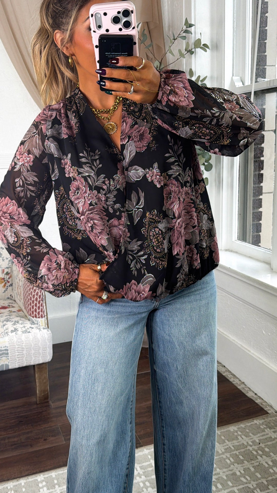 Beauty Floral Blouse, Black/Dusty Rose