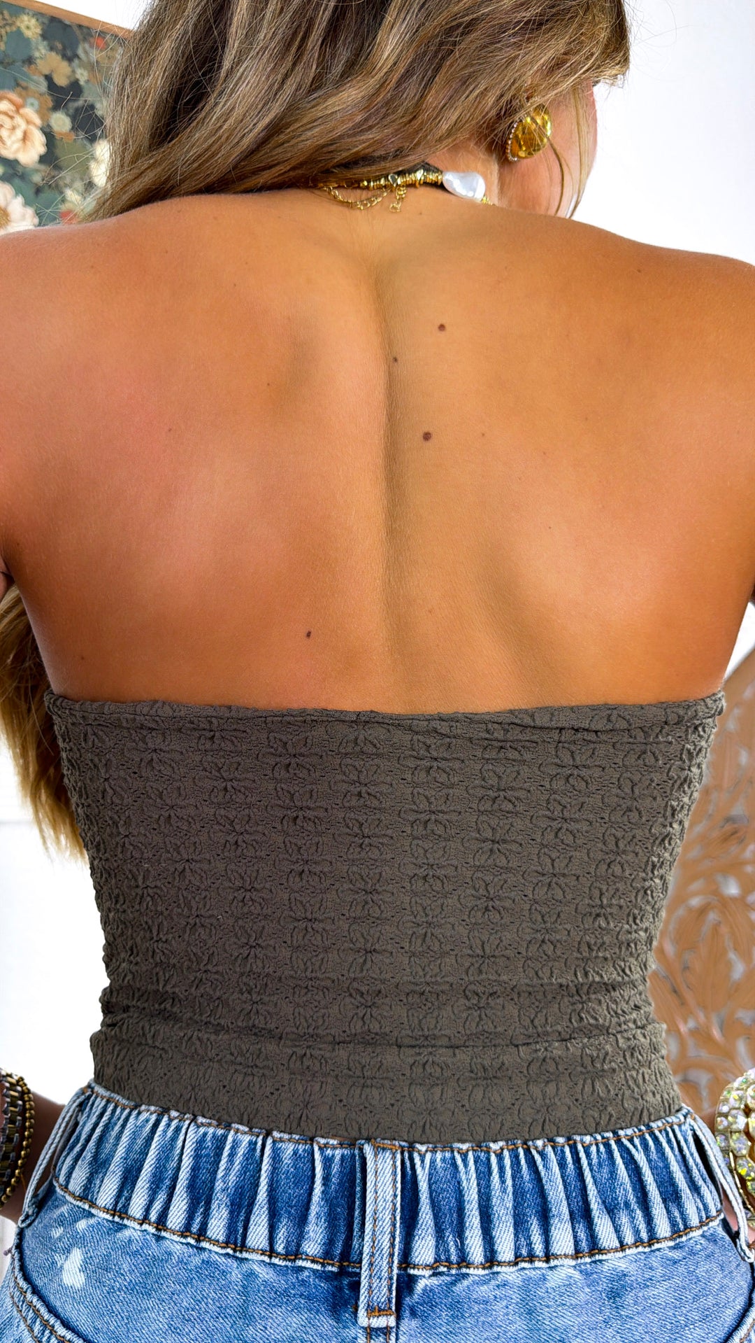 Floral Lace Halter Top, Earth Olive