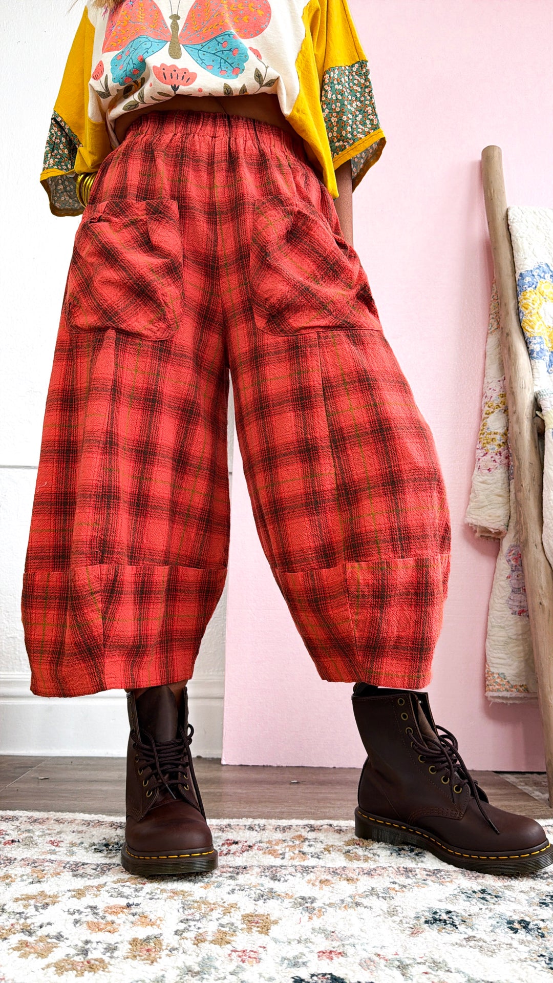 Plaid Print Barrel Leg Bloomer, Scarlet Rust