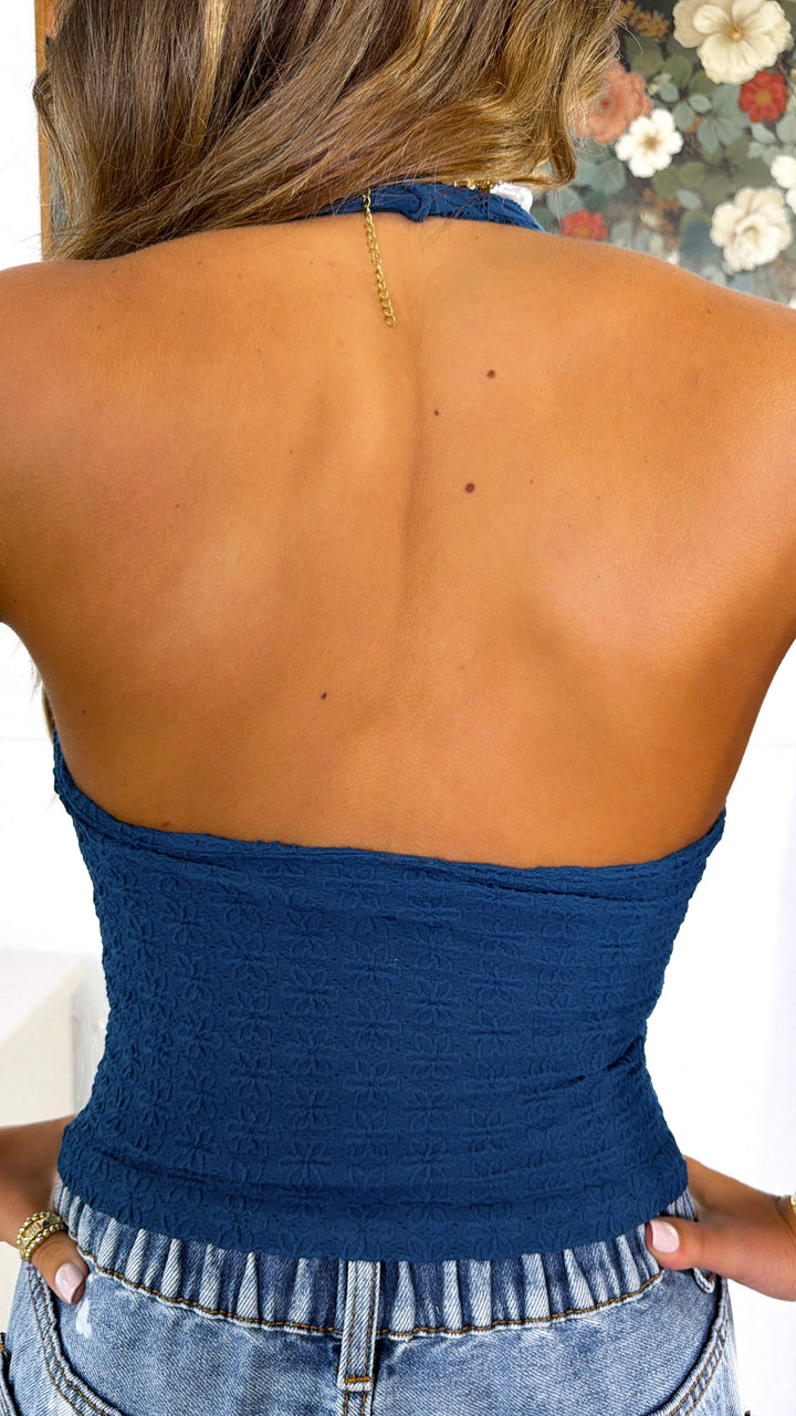 Floral Lace Halter Top, Sea Blue