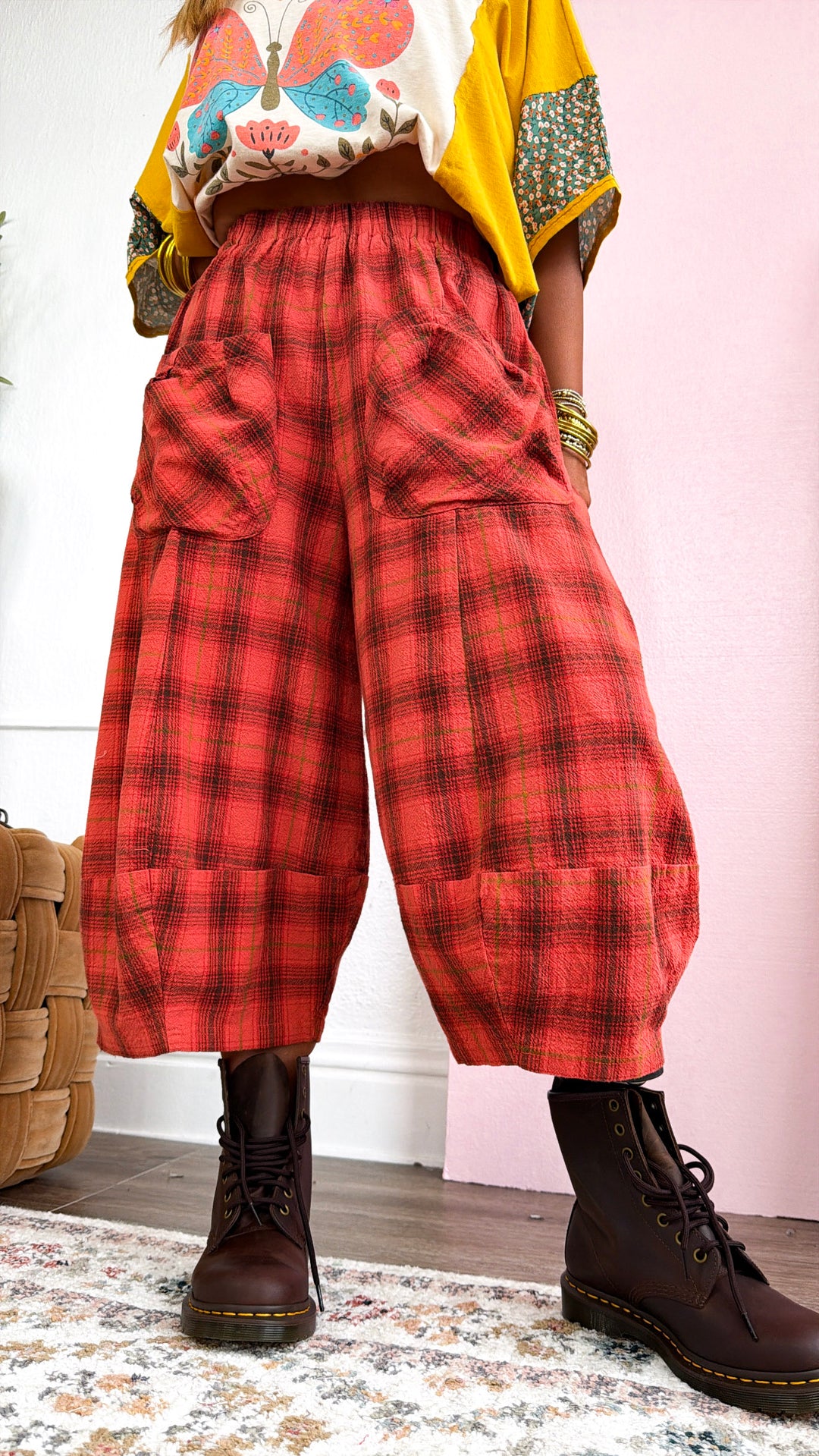Plaid Print Barrel Leg Bloomer, Scarlet Rust