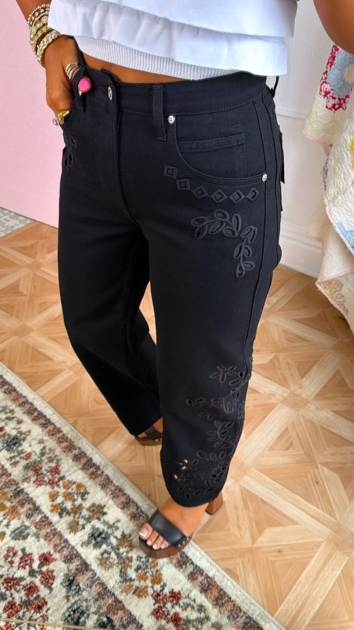 Eyelet Floral Barrel Jeans, Black