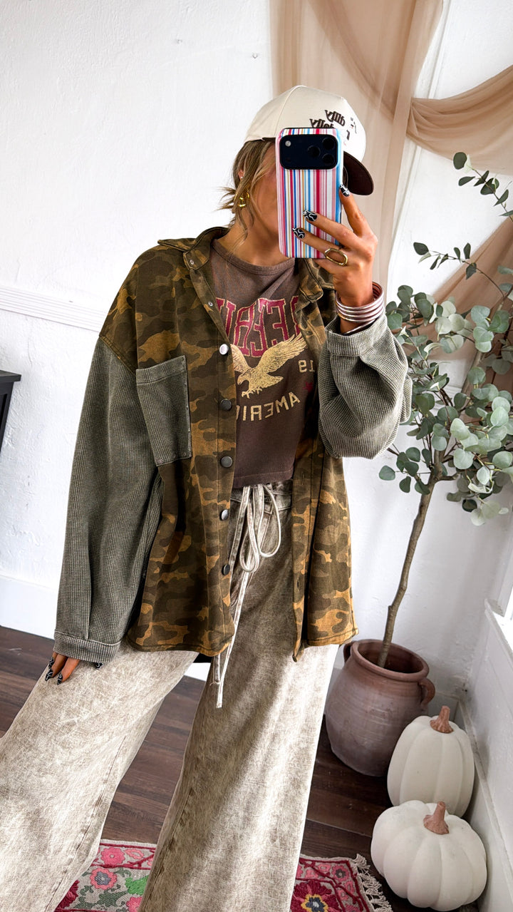 Slightly Camo Button Up Jacket, Olive Camo