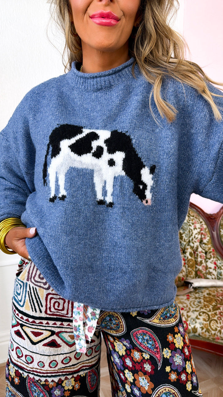 On The Farm Cow Sweater, Antique Blue