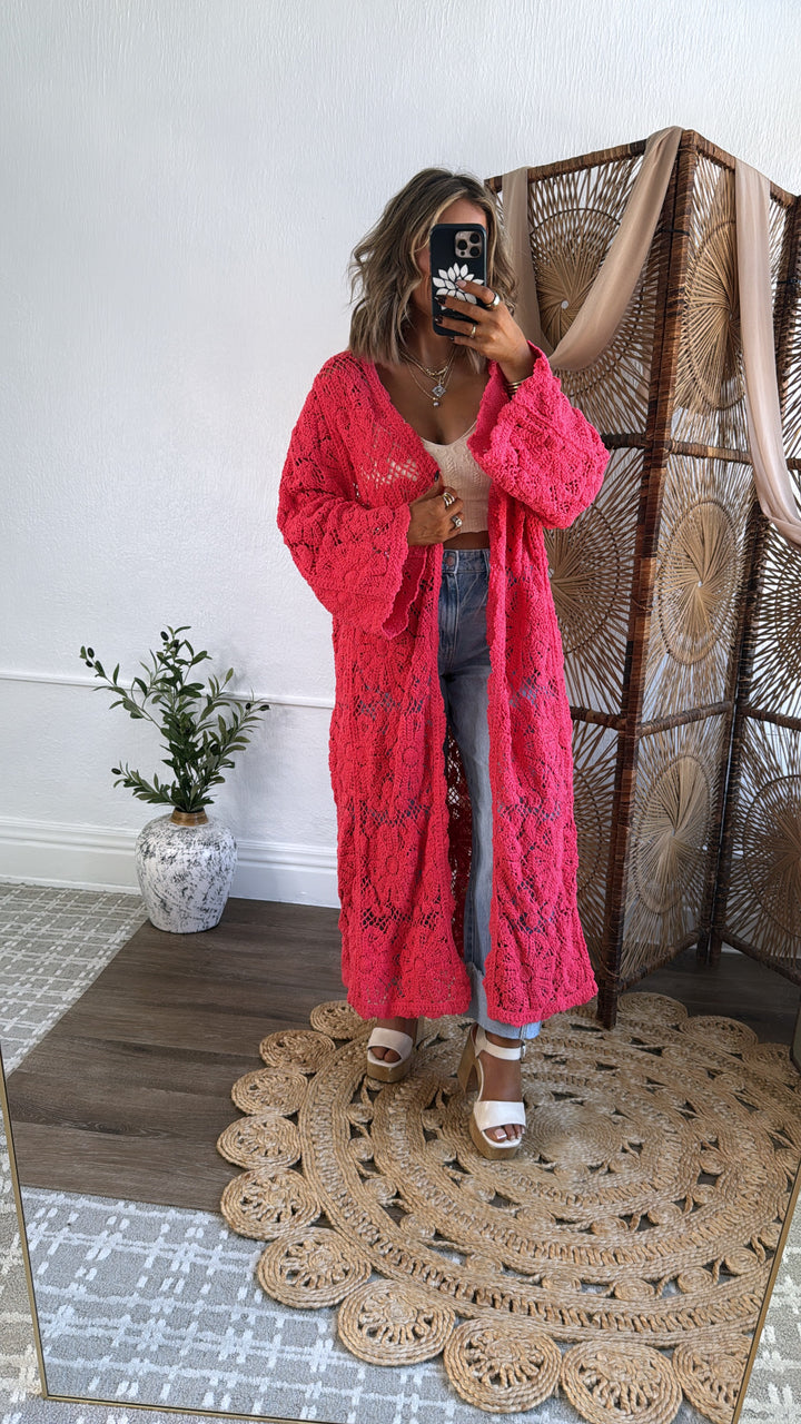 Sunset Soul Crochet Duster, Apple Coral