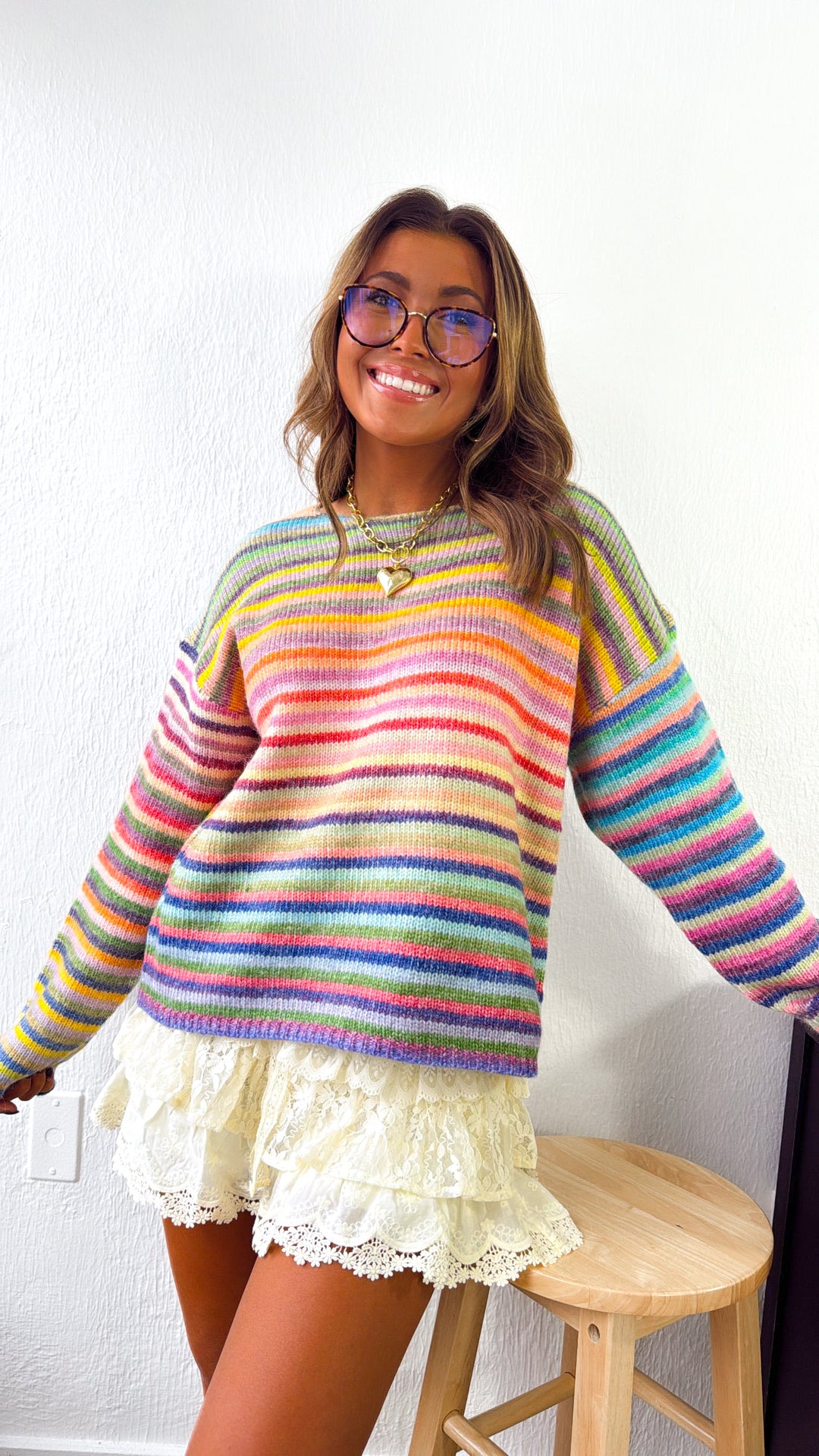 Painted Knit Striped Rainbow Sweater, Purple/Sky