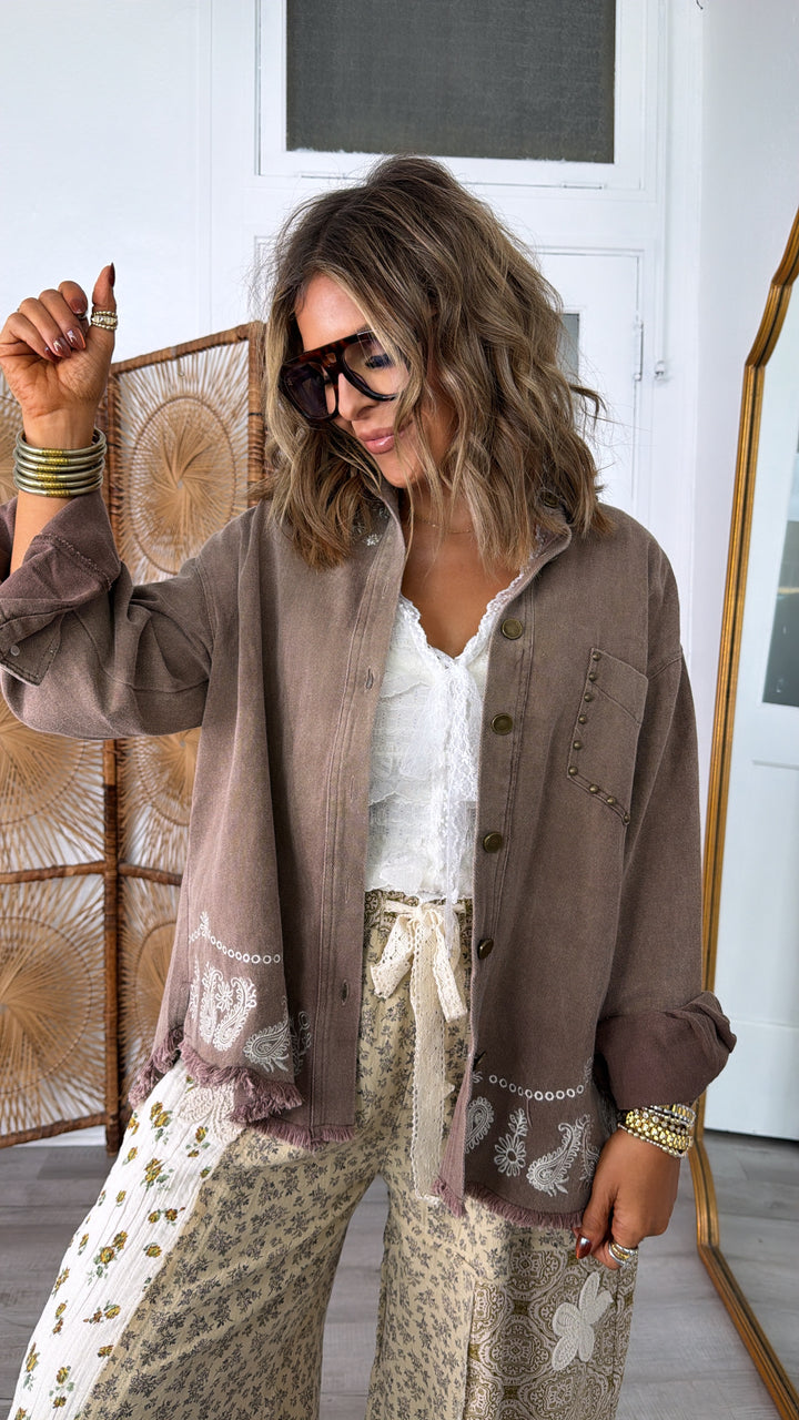 Bronco Bloom Button Up, Brown Multi