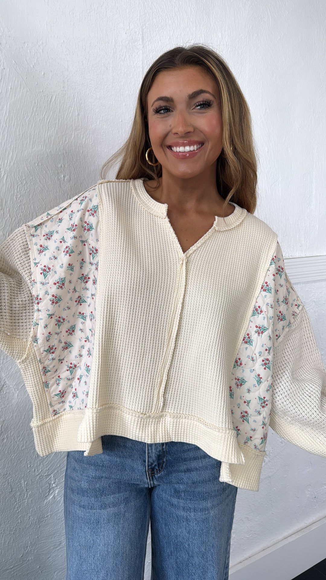 DOORBUSTER: POL Floral Sleeve Sweater, Cream