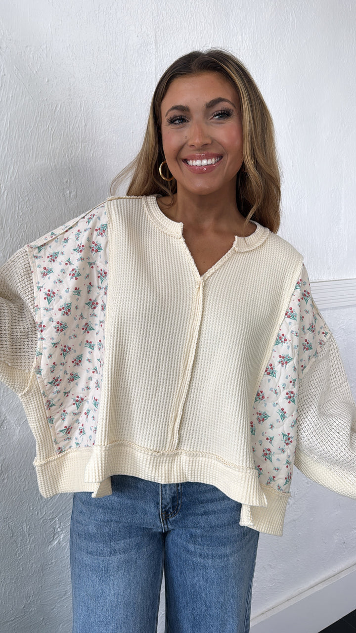 DOORBUSTER: POL Floral Sleeve Sweater, Cream