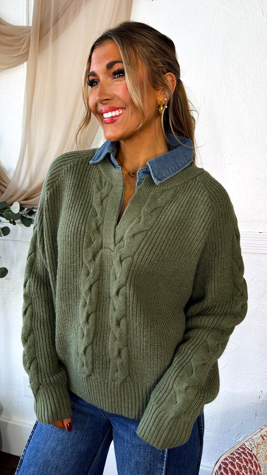 Denim Lined Sweater, Olive