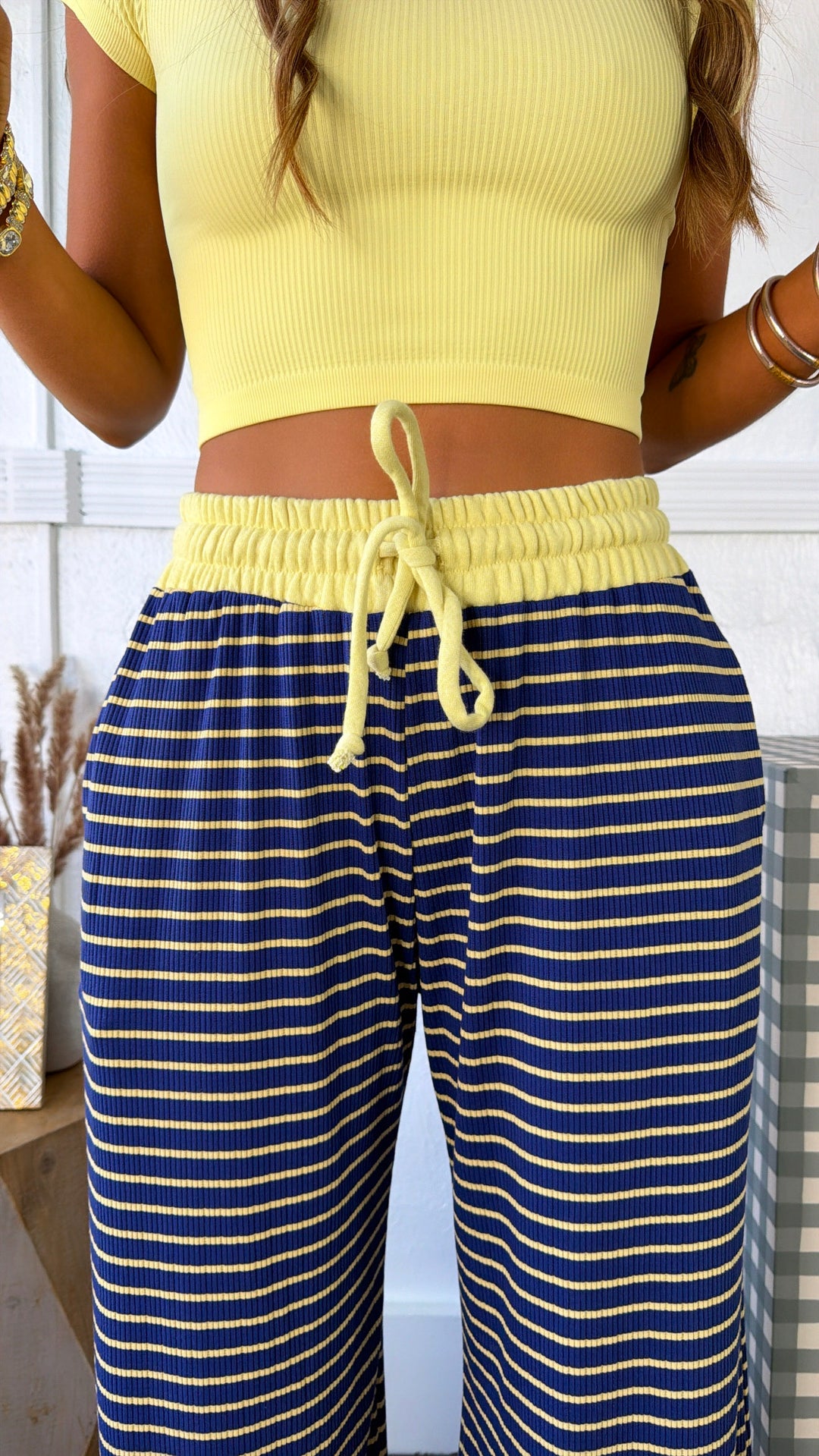 Dreaming In Stripes Lounge Pant, Navy/Yellow