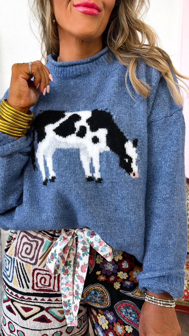 On The Farm Cow Sweater, Antique Blue