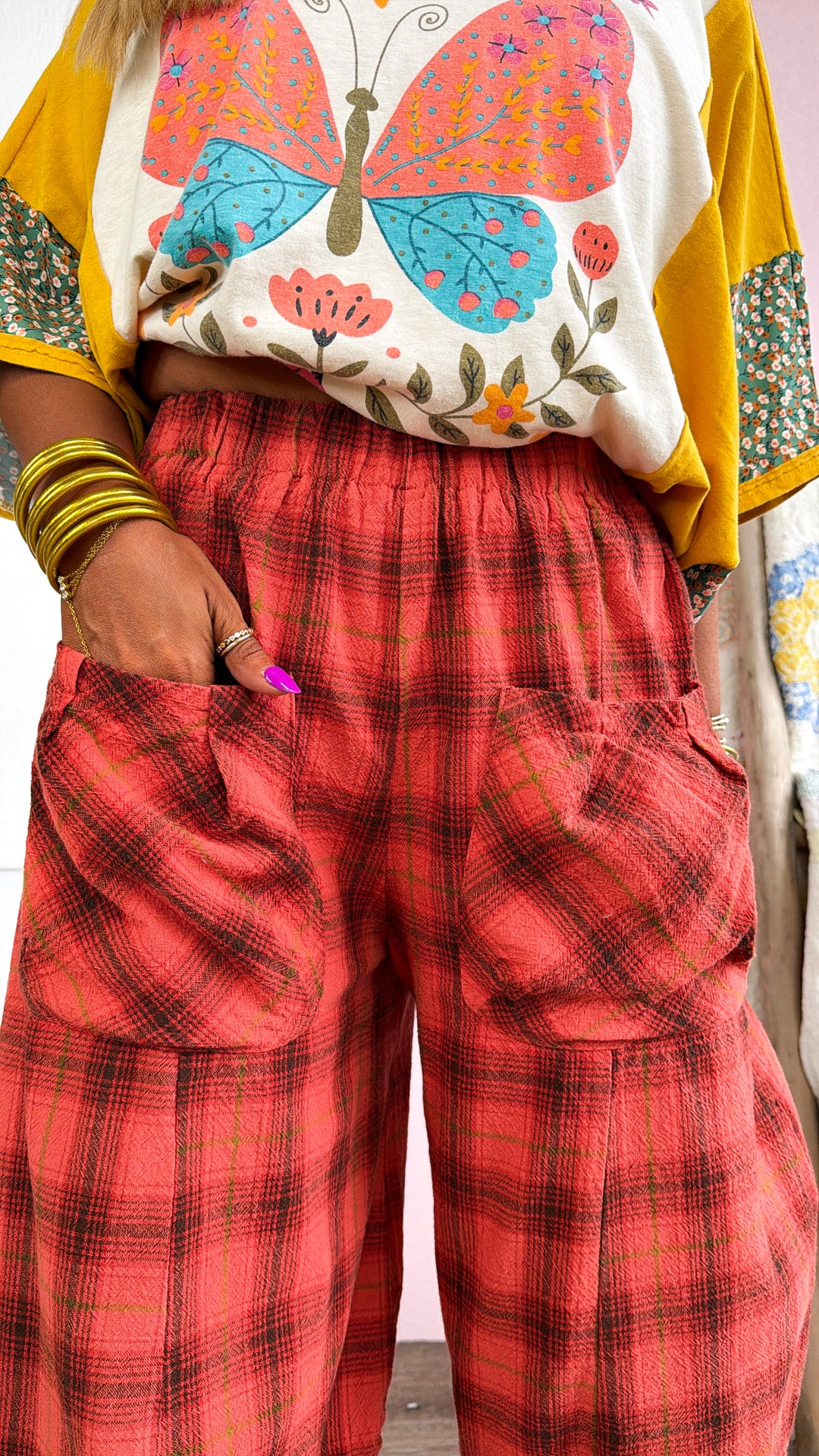 Plaid Print Barrel Leg Bloomer, Scarlet Rust