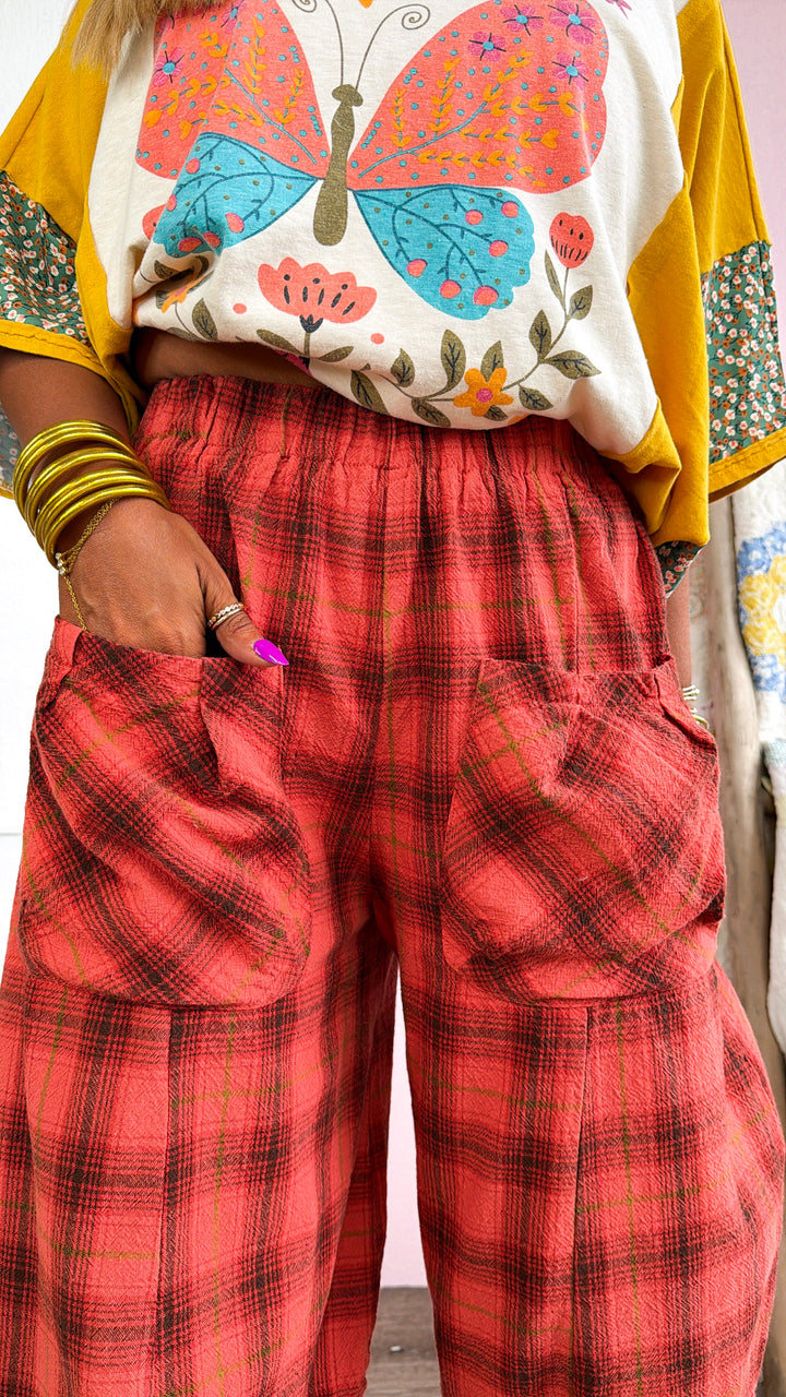 Plaid Print Barrel Leg Bloomer, Scarlet Rust