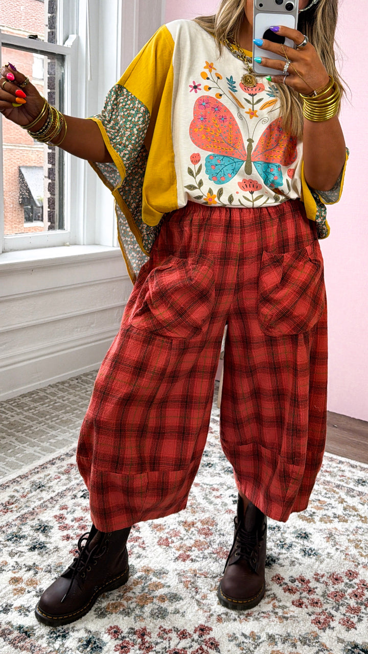 Plaid Print Barrel Leg Bloomer, Scarlet Rust