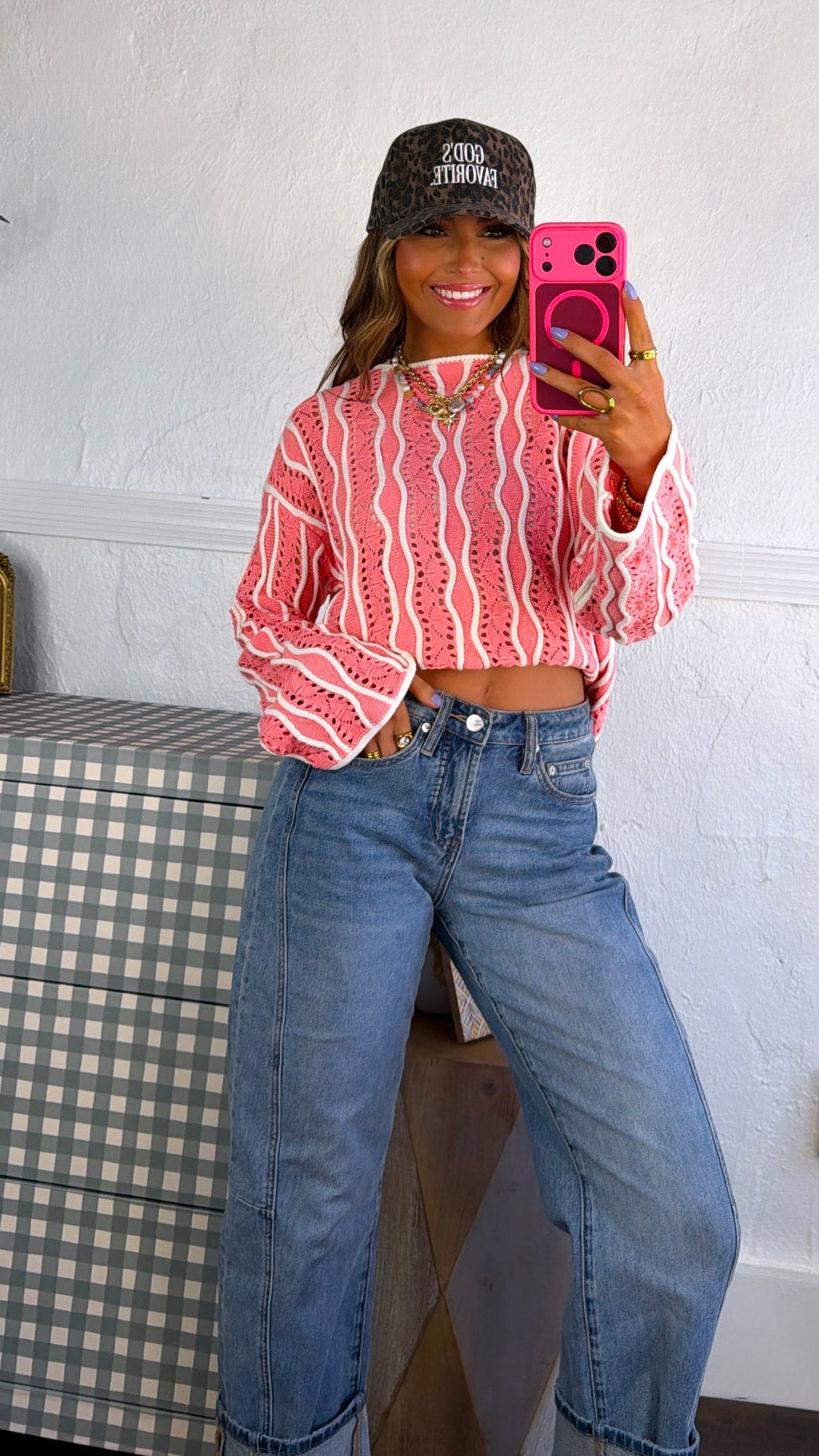 Open Sand Swirly Striped Sweater, Strawberry