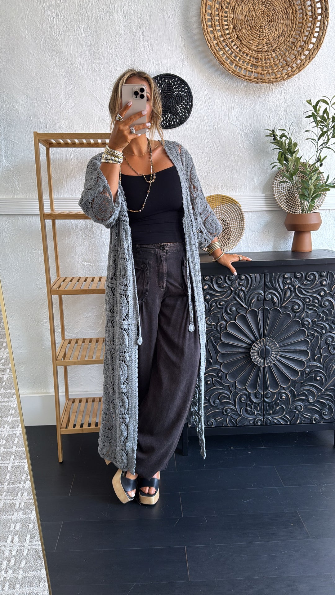 Something Light Crochet Tie Cardigan, Stone Grey