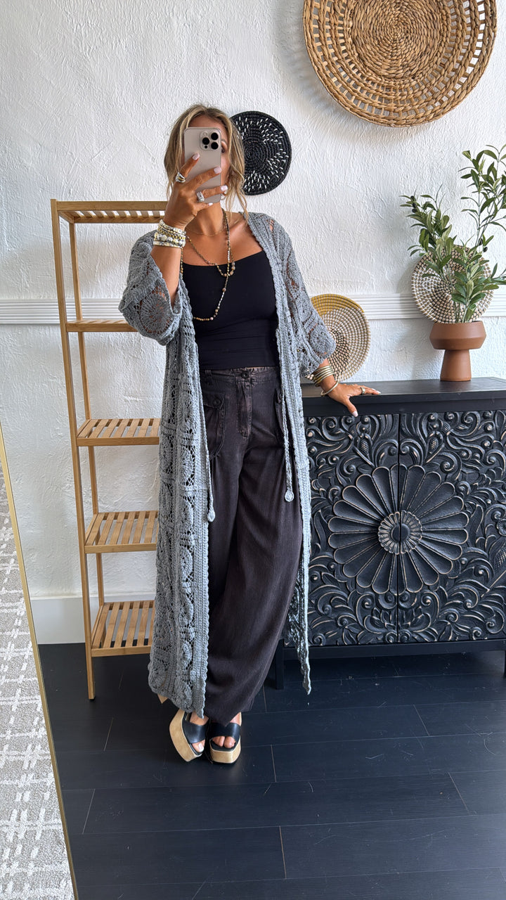 Something Light Crochet Tie Cardigan, Stone Grey