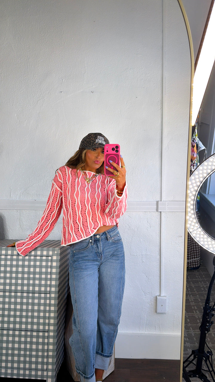 Open Sand Swirly Striped Sweater, Strawberry