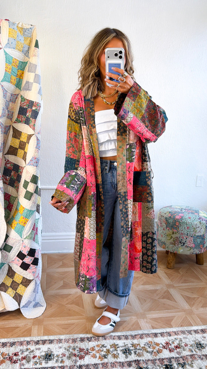 Laguna Mist Patchwork Duster Cardigan, Taupe/Pink/Multi