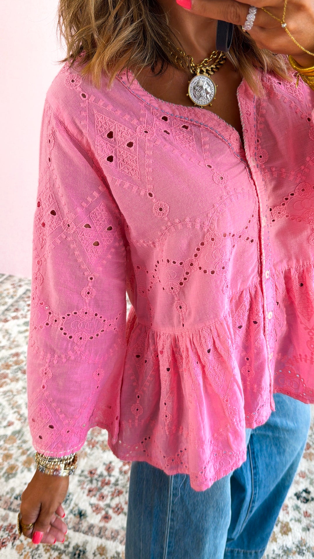 Everly Eyelet Blouse, Candy Pink