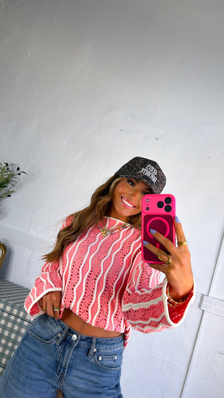 Open Sand Swirly Striped Sweater, Strawberry