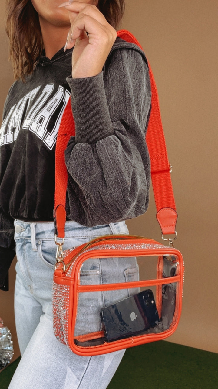 Rhinestone Stadium Crossbody Bag, Orange