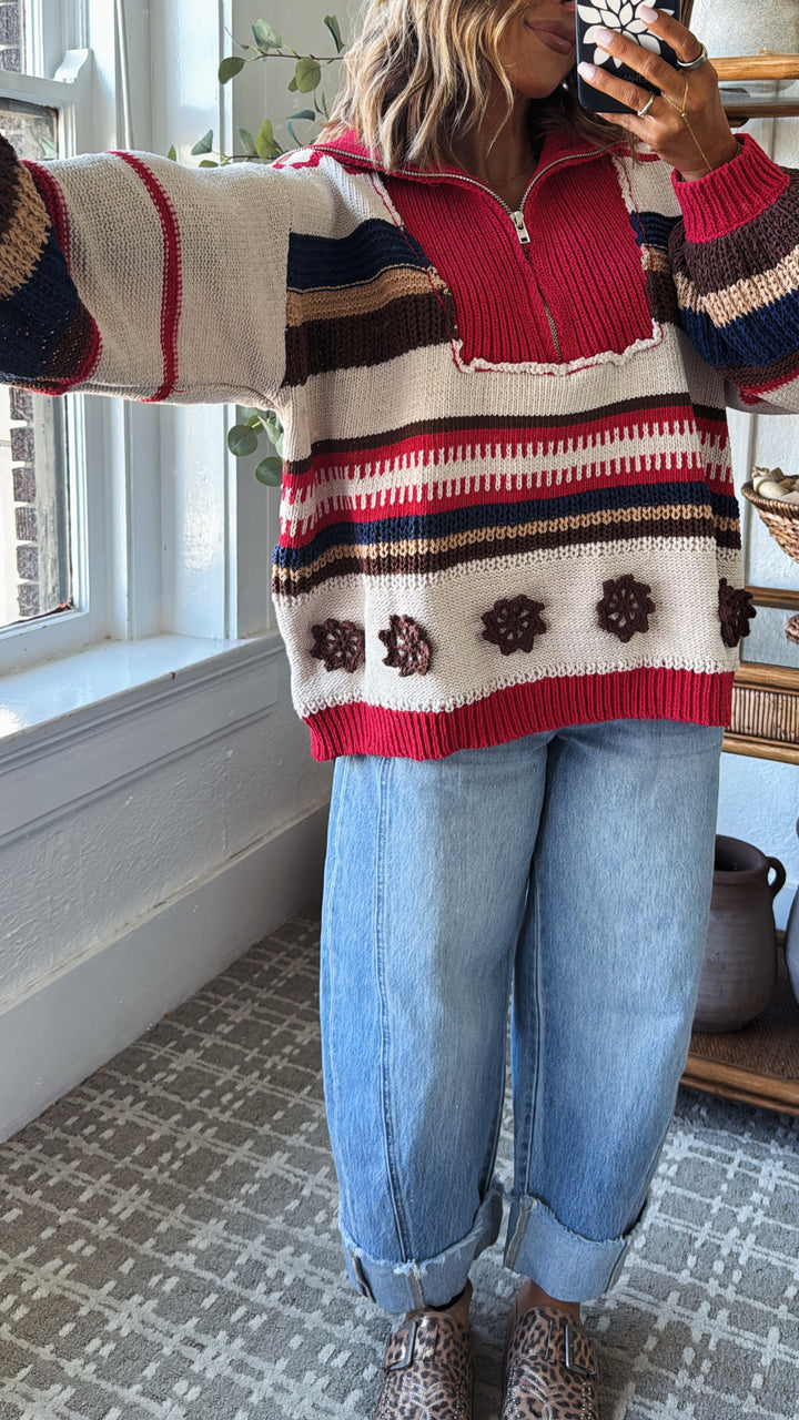 The Cabin Half Zip, Sand/Red Multi