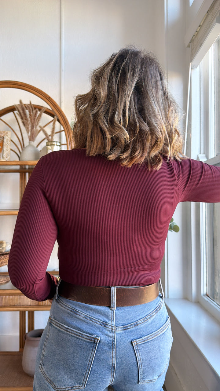 Ribbed Long Sleeve Crew Neck Top, Maroon