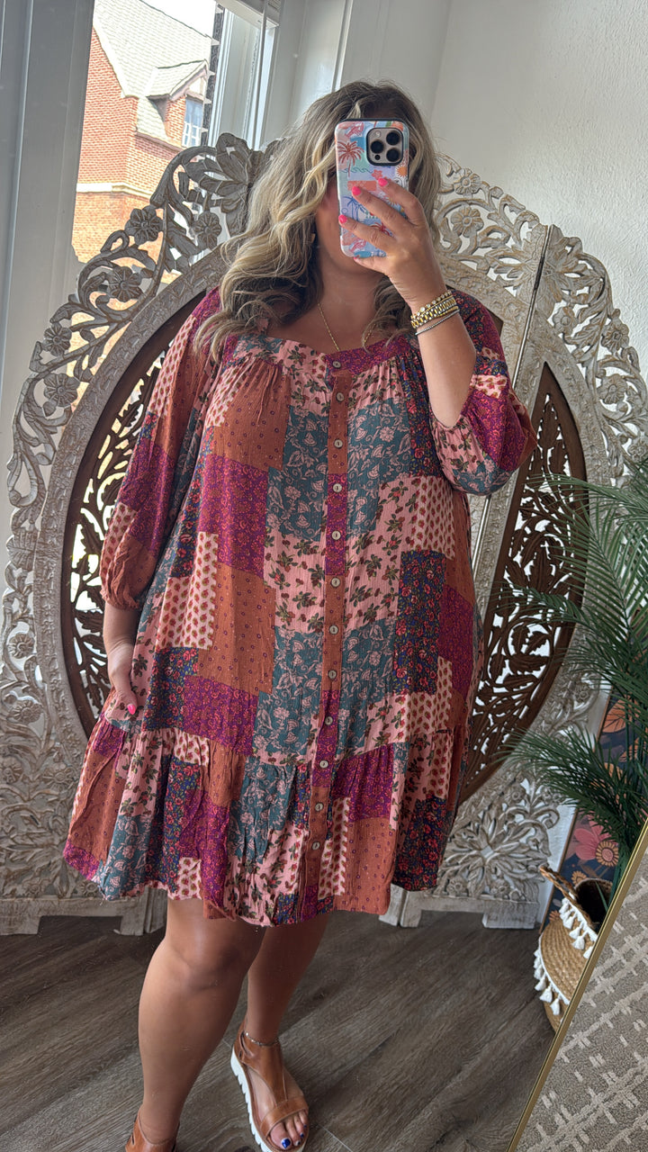 Boho Chic Long Sleeve Patchwork Mini Dress