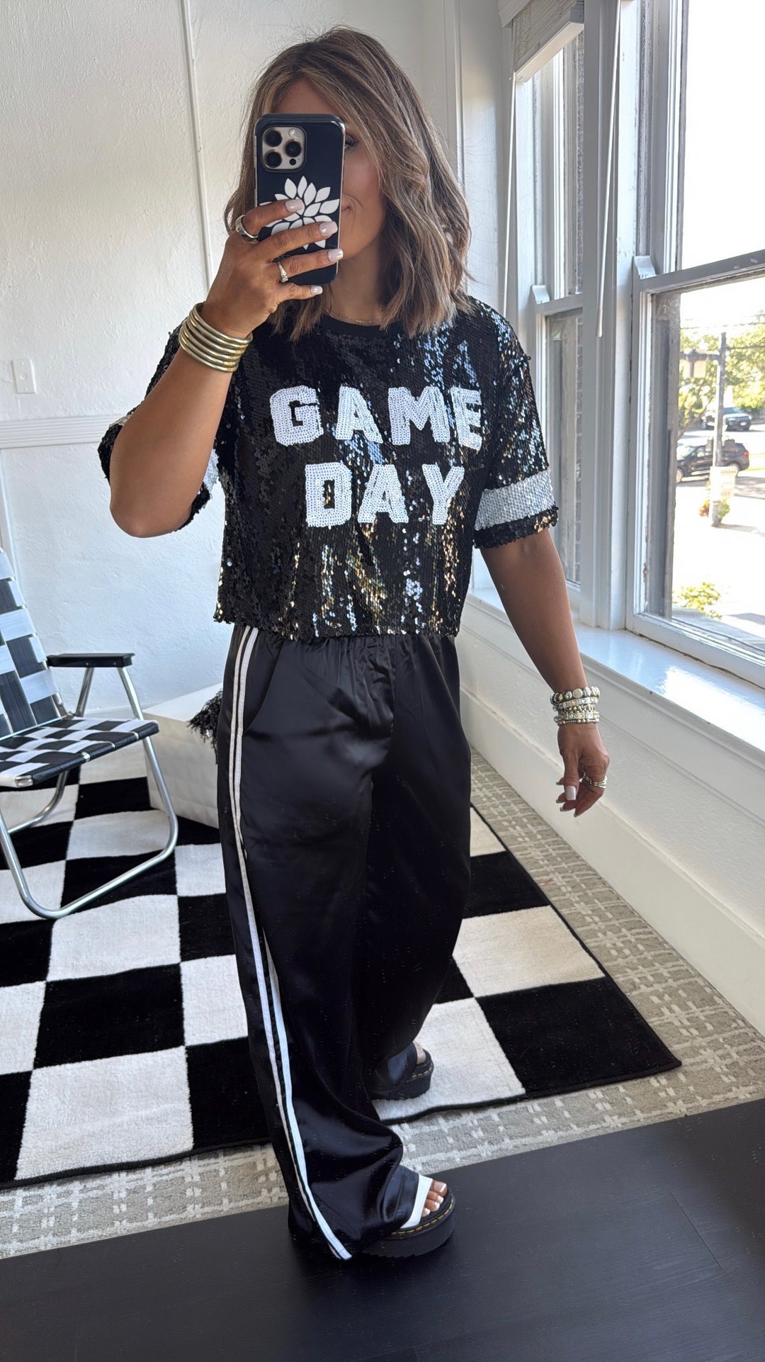 Game Day Sequins Cropped Tee, Black