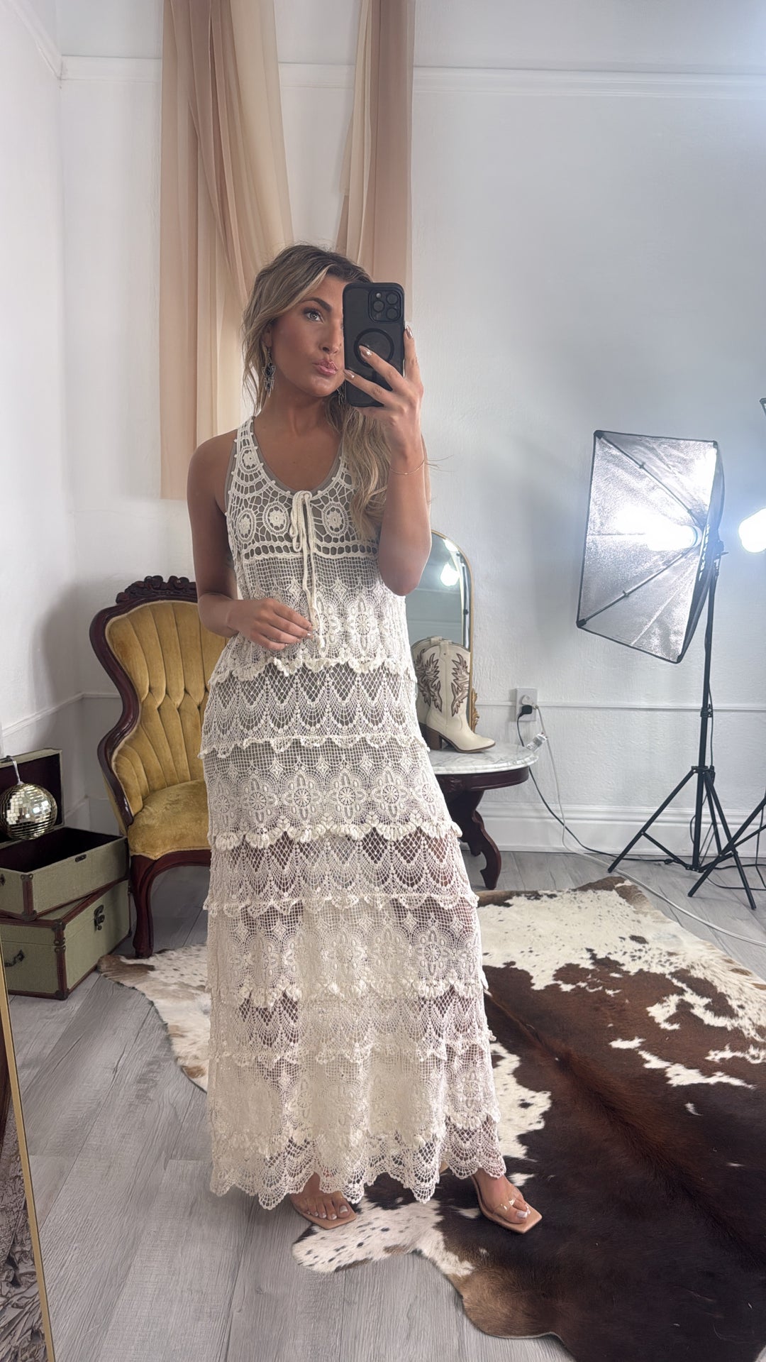 Into The Sun Crochet V Neck Maxi Dress, Natural M/L Into The Sun Crochet V Neck Maxi Dress, Natural M/L