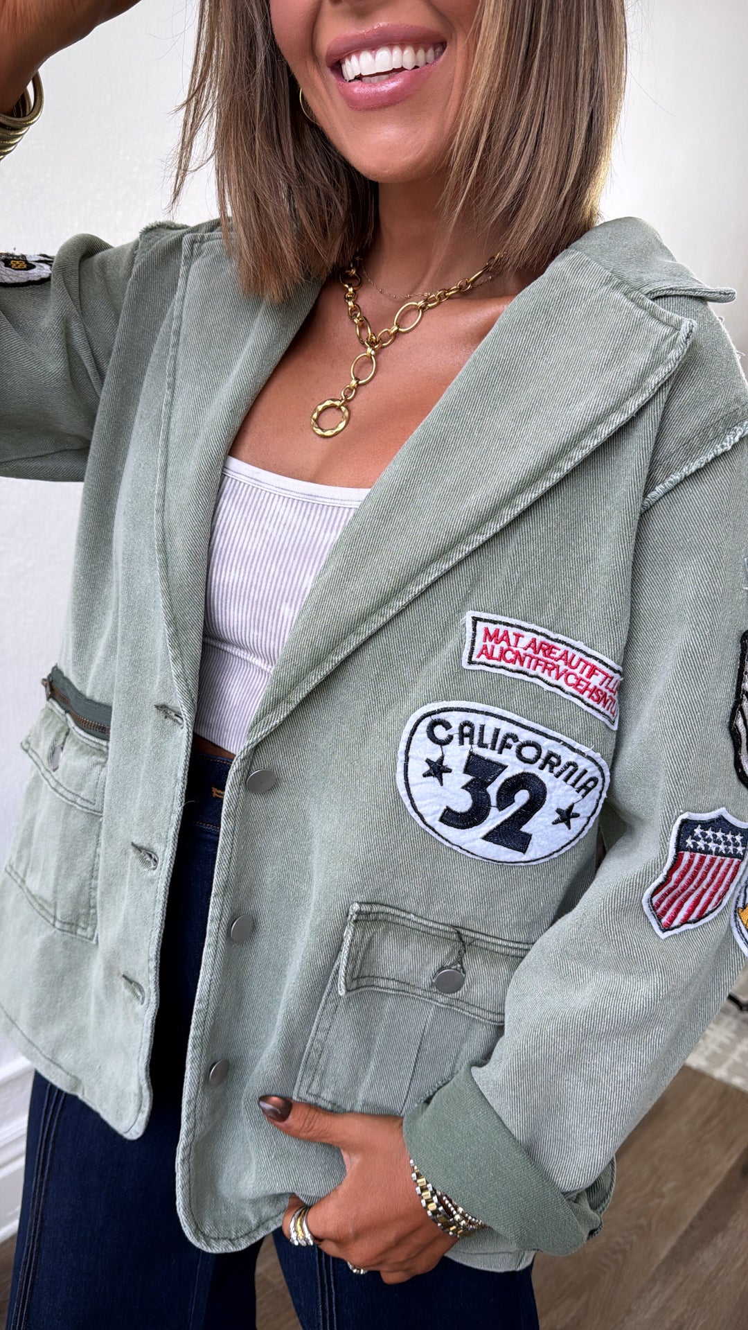Vintage Patched Military Blazer, Powder Matcha