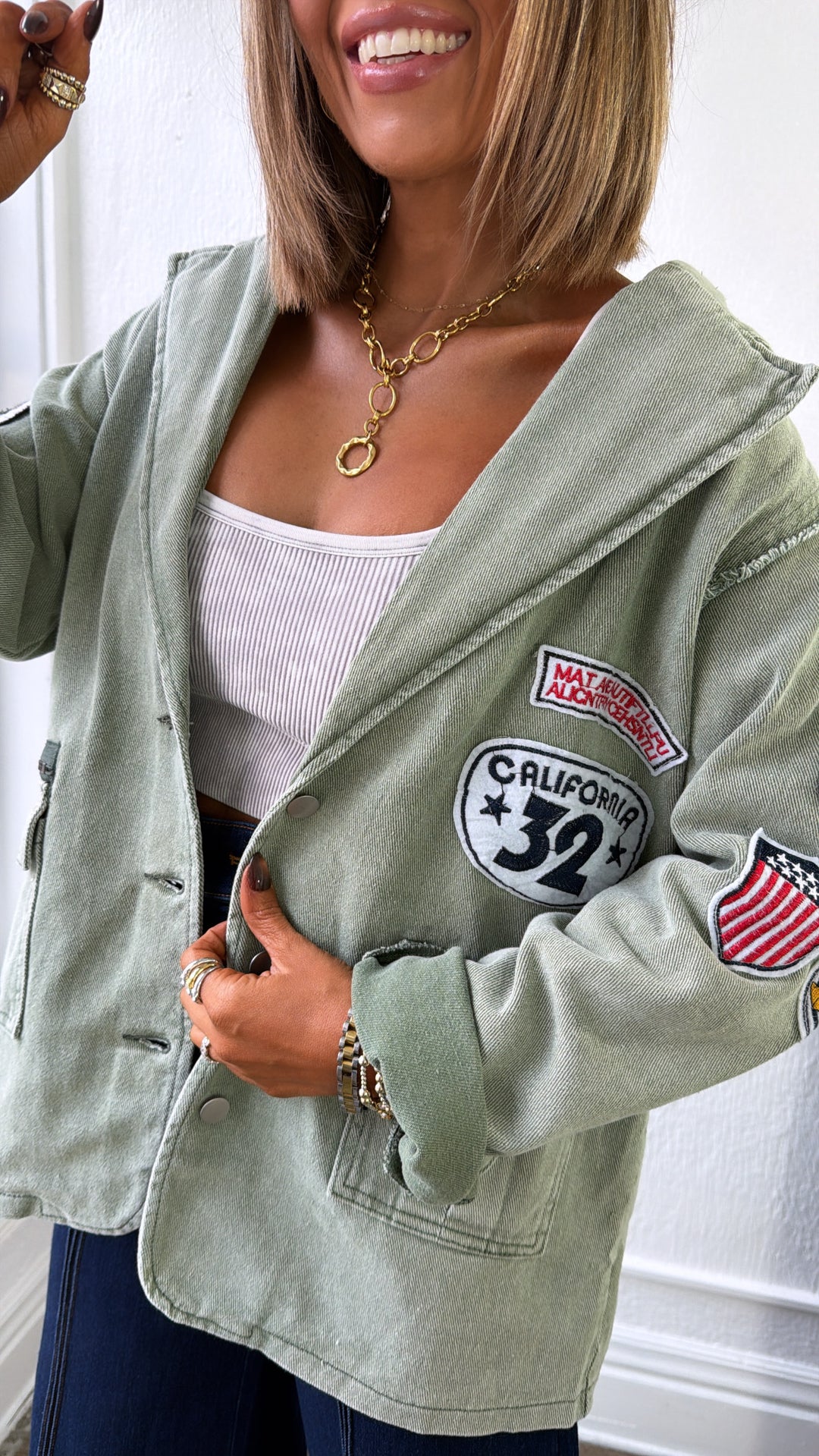 Vintage Patched Military Blazer, Powder Matcha