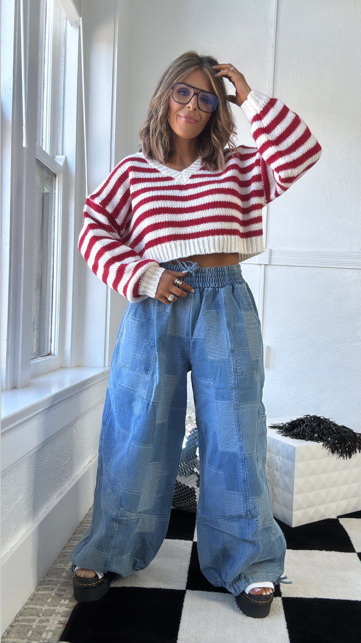 Velvet Striped Sweater, Red-White
