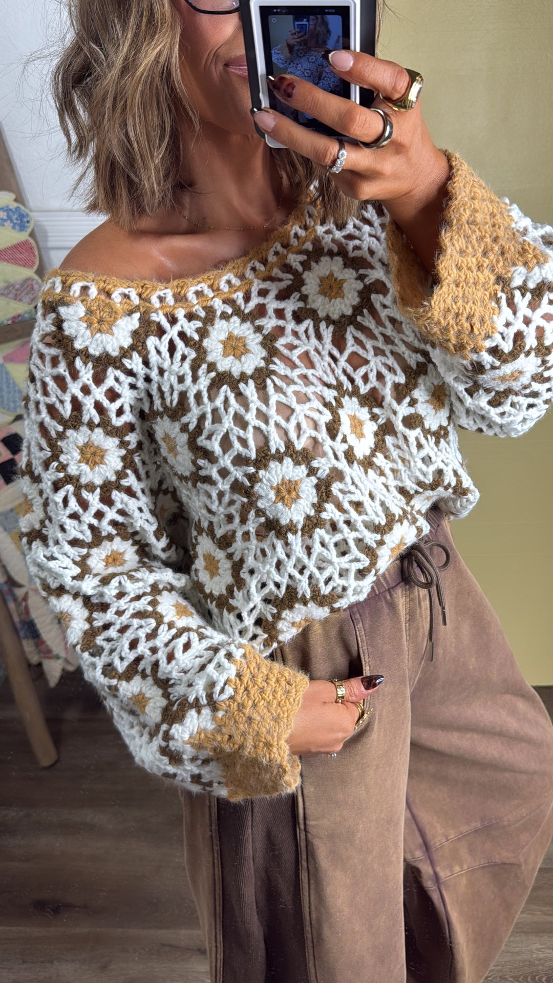 The Last Warmth Crochet Sweater, Caramel Multi