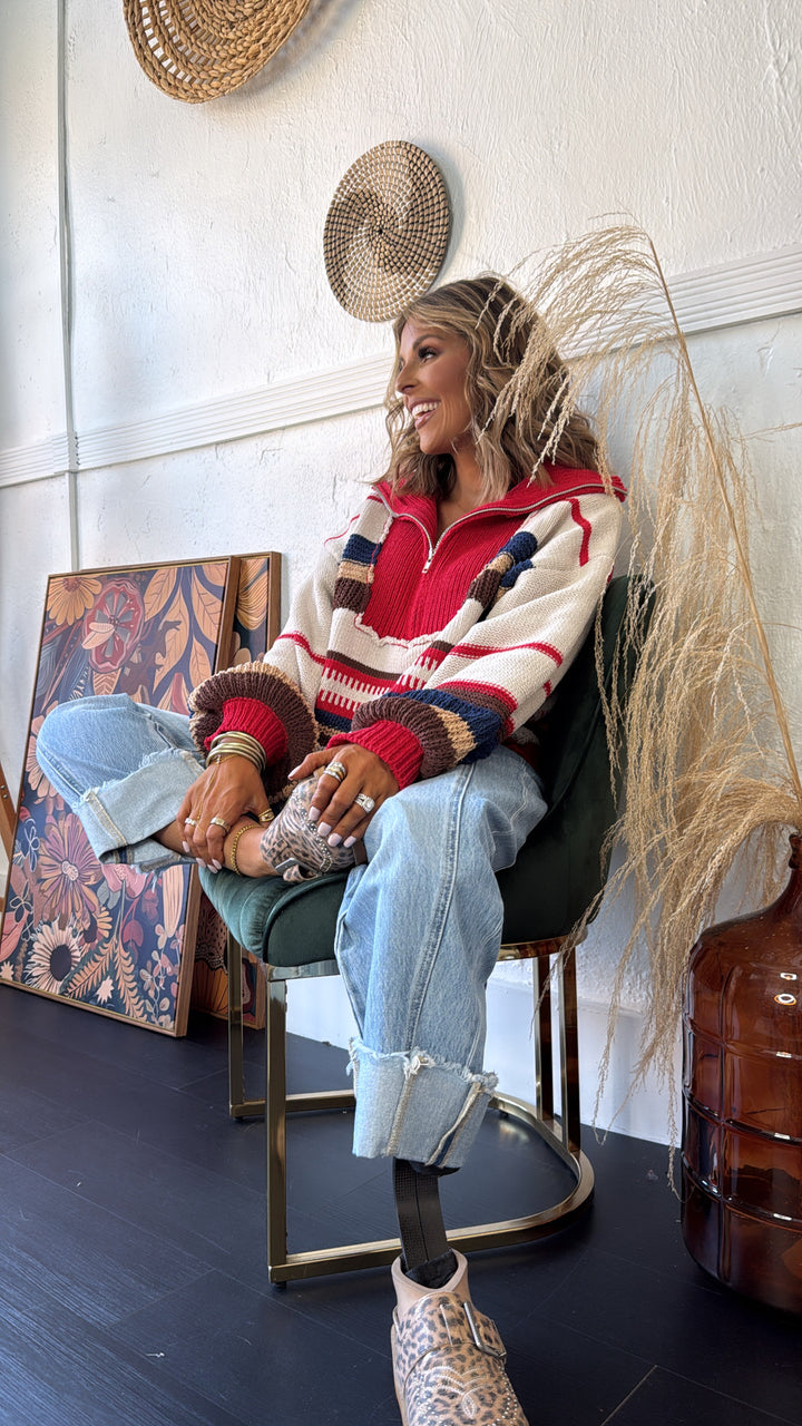 The Cabin Half Zip, Sand/Red Multi