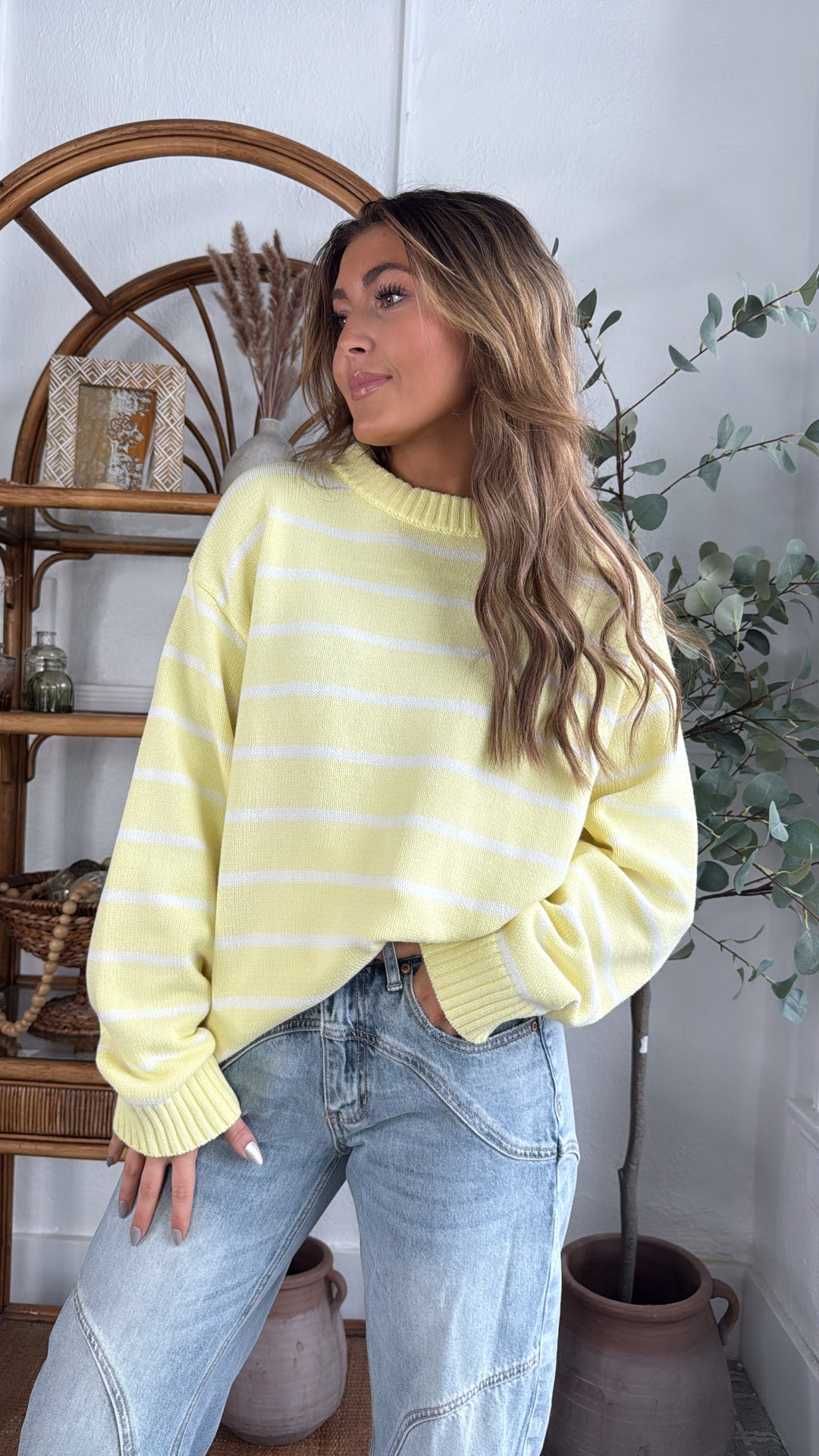 Avie Striped Sweater, Lemon/White