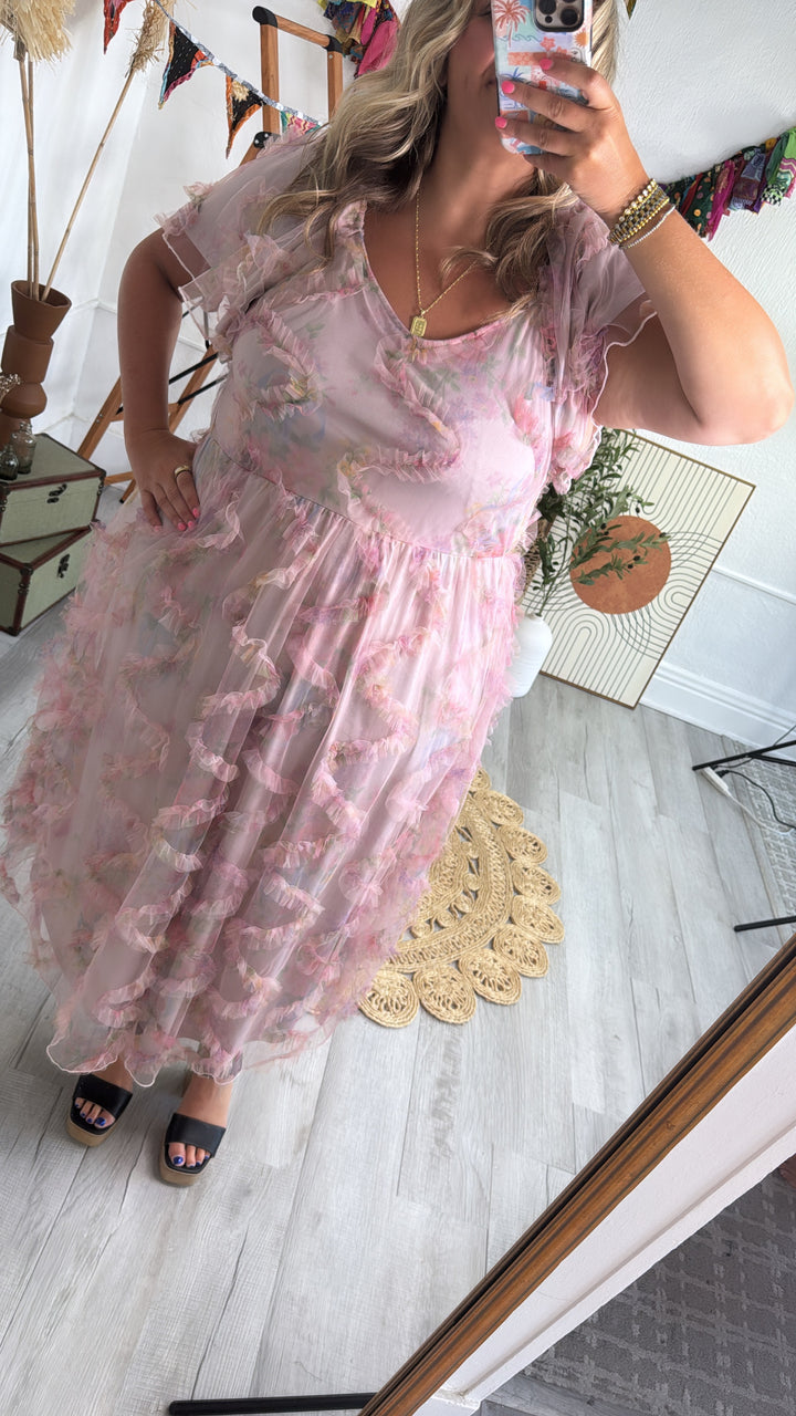 Floral Tulle Maxi Dress, Pink
