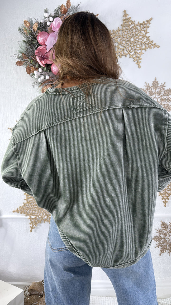 DOORBUSTER: Acid Washed Ribbed Cropped Pullover, DK Olive