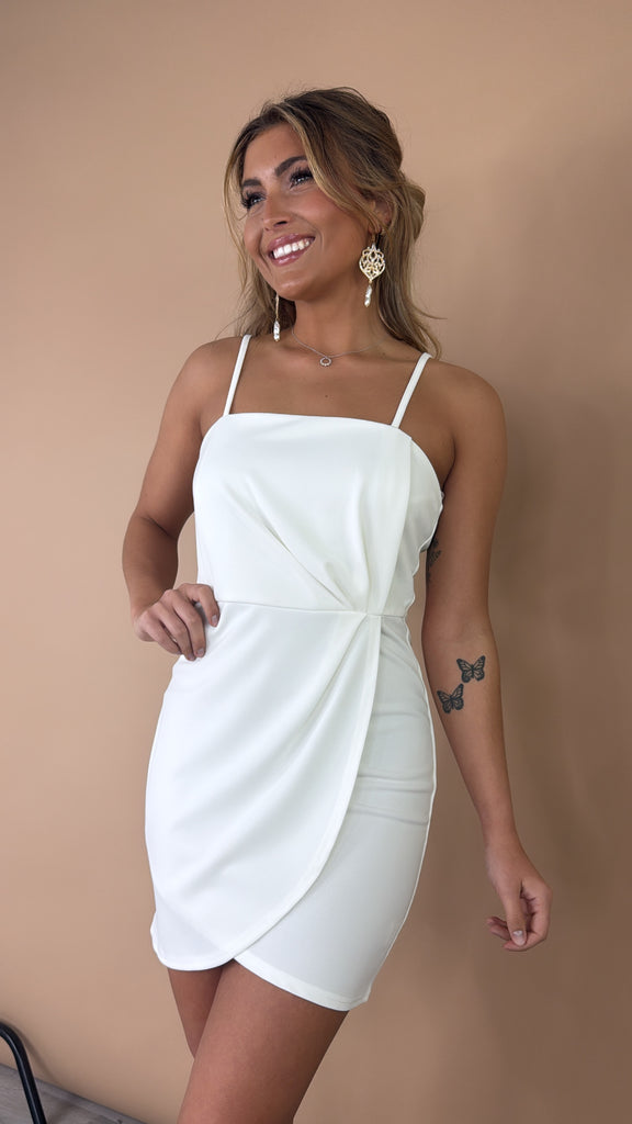 Pleated Bodycon Mini Dress, White Small