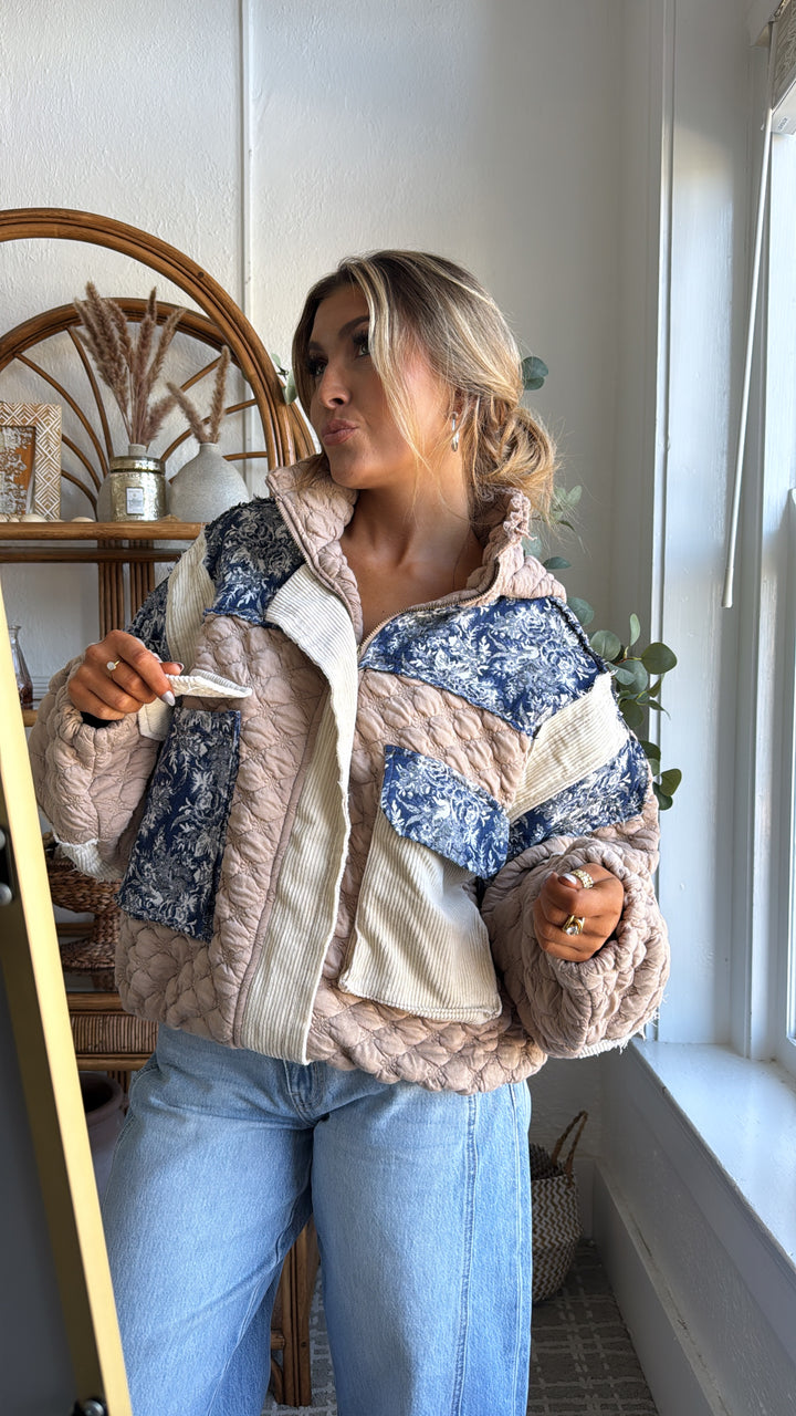 Now Trending Oversized Contrast Quilted Jacket, Tan/Denim Blue