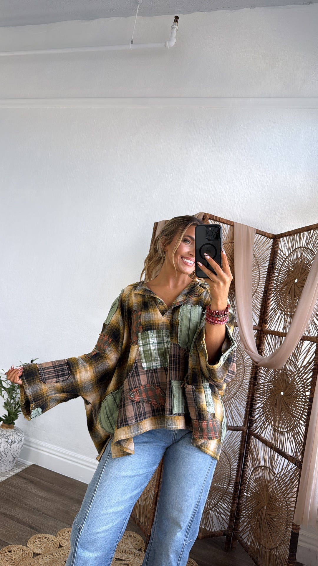 Mix It Up Patchwork Flannel Hooded Top