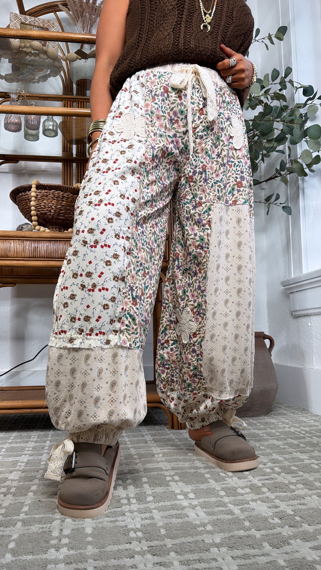 Petal Drape Jogger Pant, Cream Multi