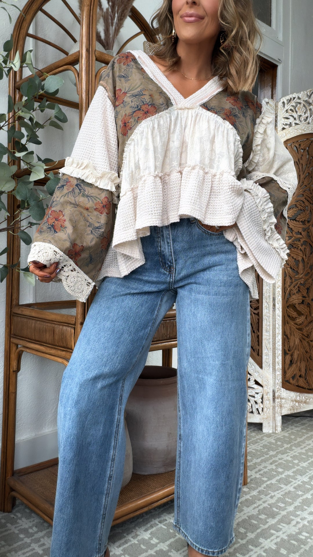 Hibiscus Blooms Patchwork Top, Cream Multi