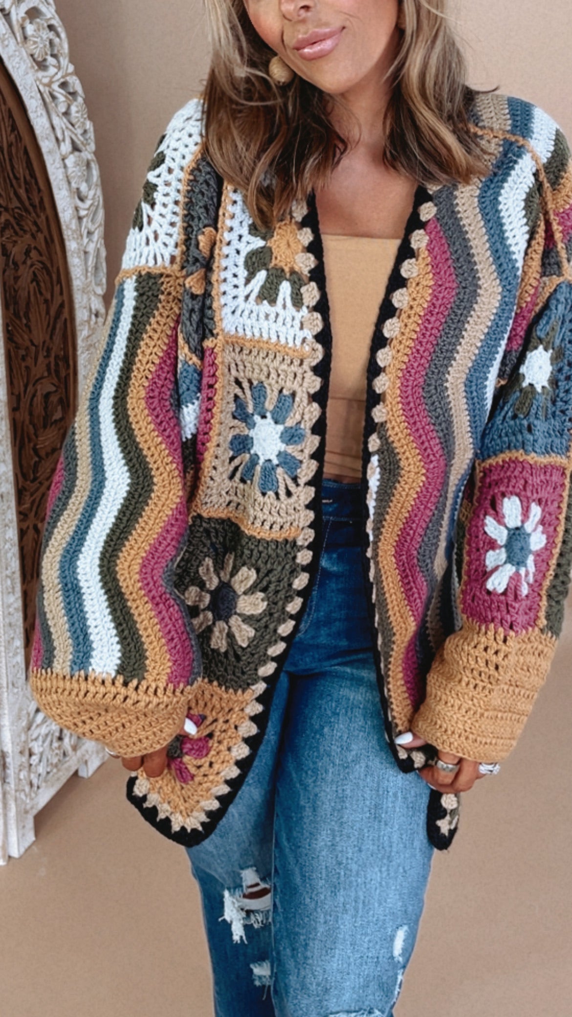 Hand Knit Square Patches Cardigan, Mustard & Olive – Everyday Chic